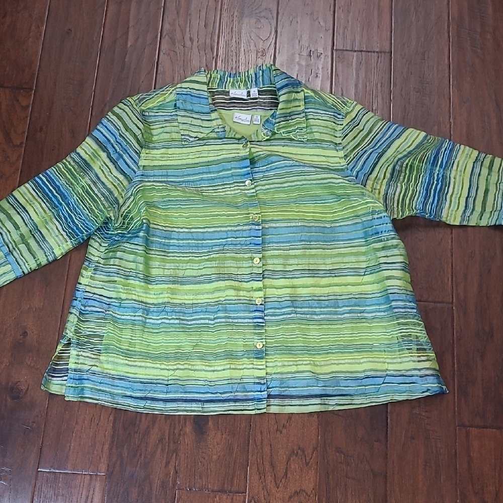 Kim Rogers Green & Blue Striped Sheer Top with Sleeveless Green Camisole size 3X